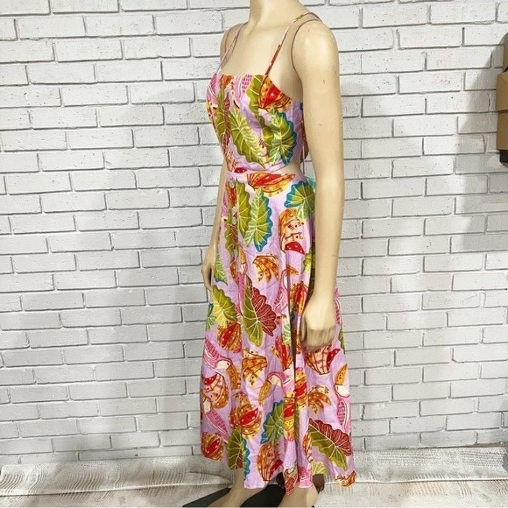 Farm Rio Lilac Beaks and Bananas Print Cutout Midi Dress Button Front Womens | M - Picture 7 of 16